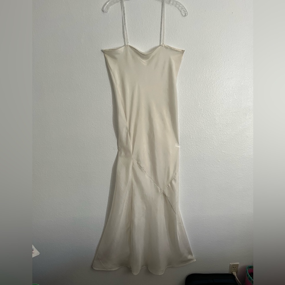 Ivory crepe de chine bias cut long slip with lace edge